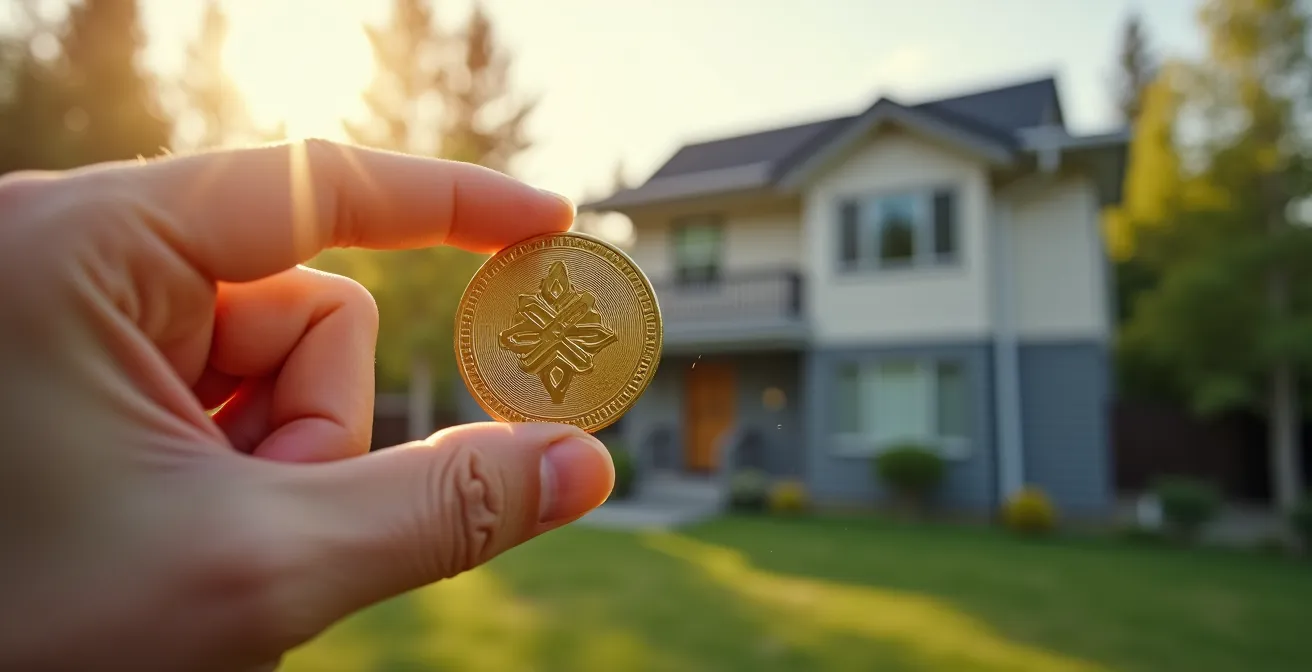 Hand holding a symbolic golden coin with heat pump icon overlay against a blurred background of a house