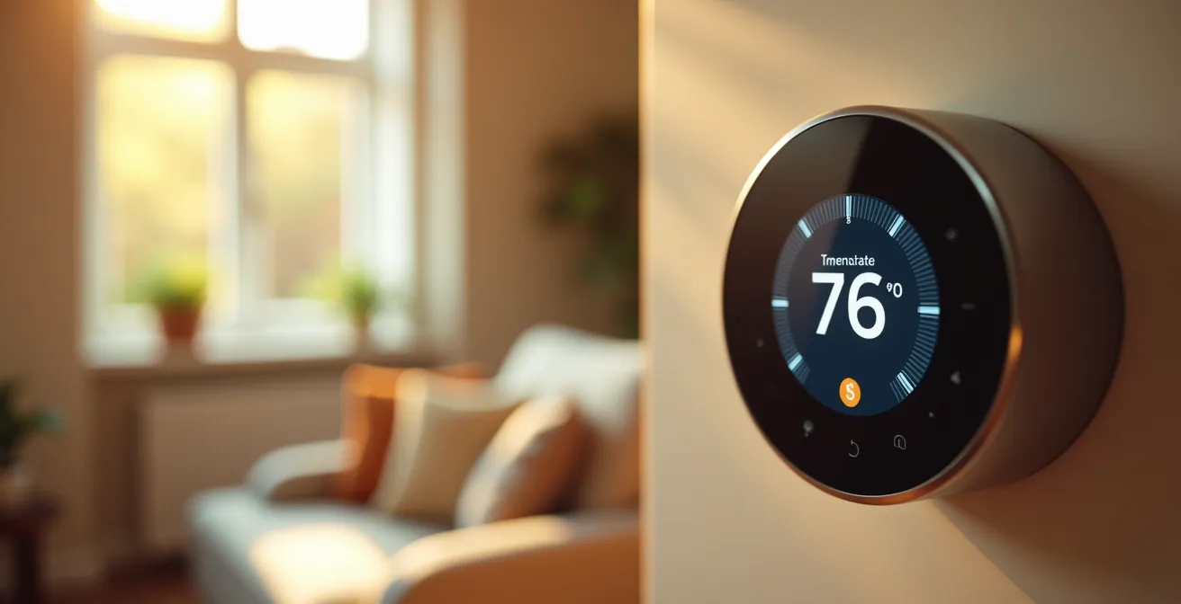 Close-up of a modern thermostat interface with a cozy living room background symbolizing comfort and value
