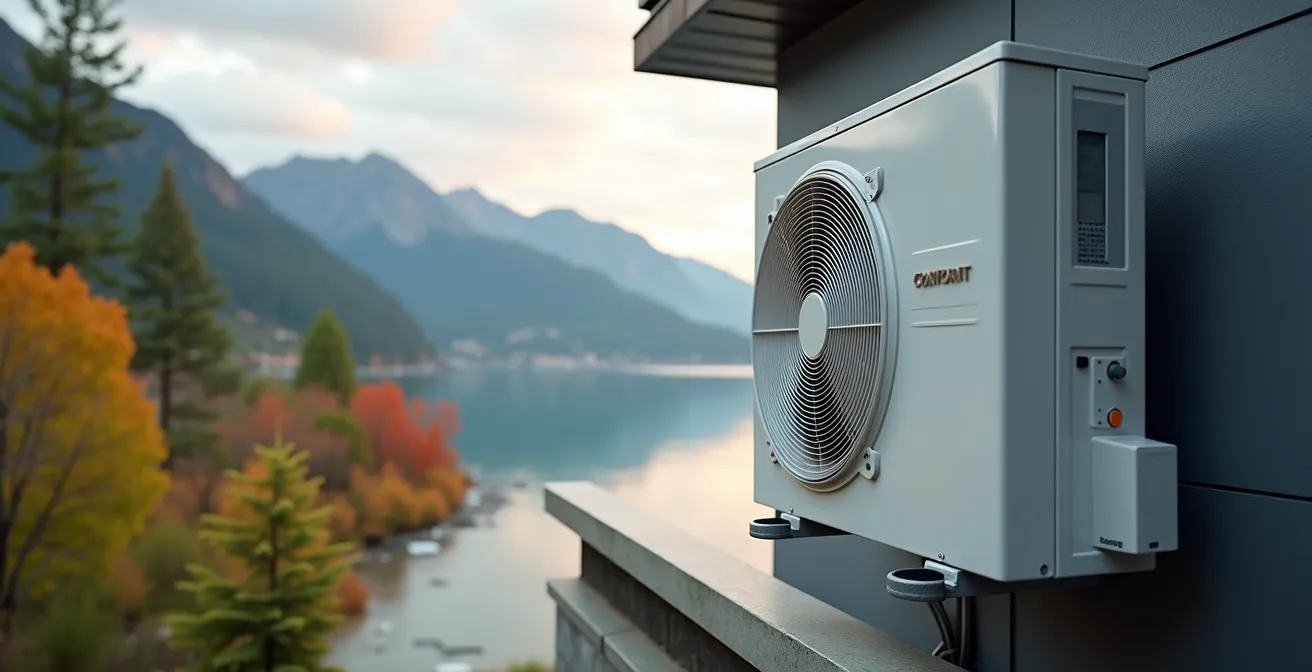 Modern heat pump installed on a residential building in a British Columbia setting with mixed coastal and mountainous background