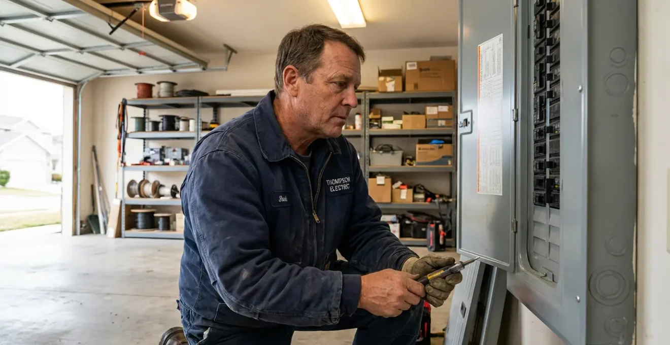 Licensed electrician inspecting professional-grade electrical panel installation in residential garage