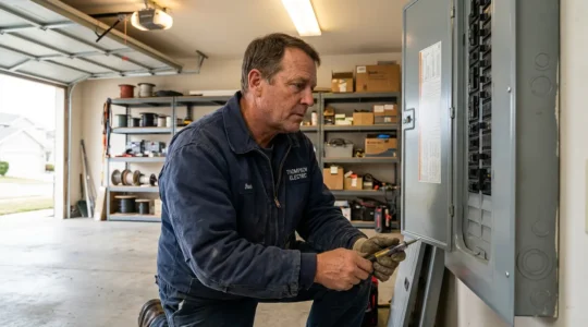 Licensed electrician inspecting professional-grade electrical panel installation in residential garage