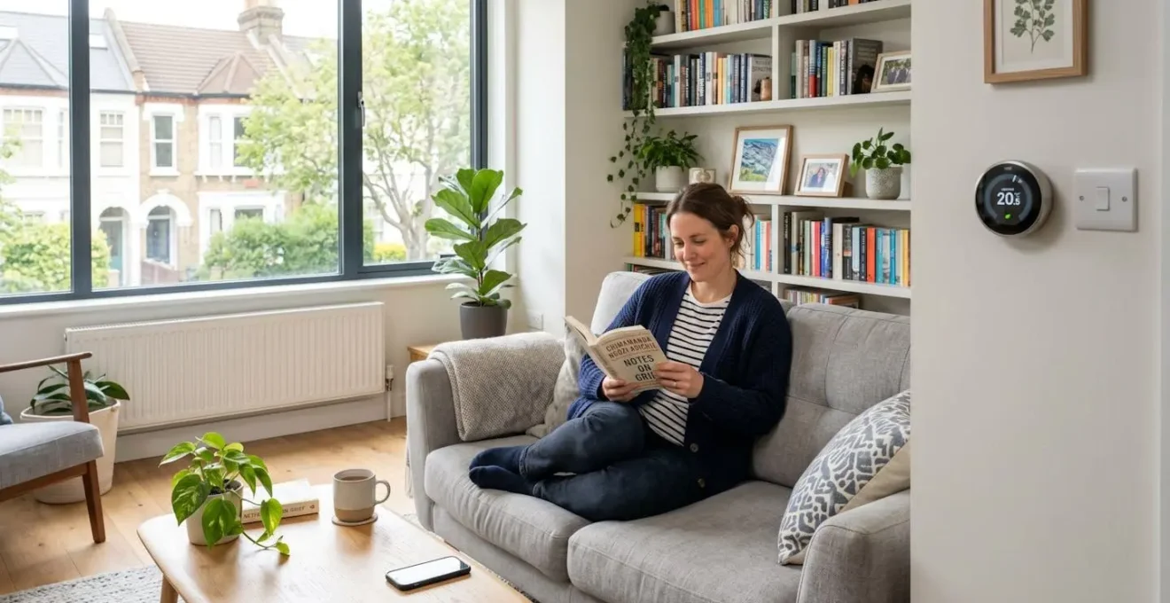 A person relaxes in a contemporary British living room bathed in natural daylight, with a smart thermostat visible on the wall beside a window