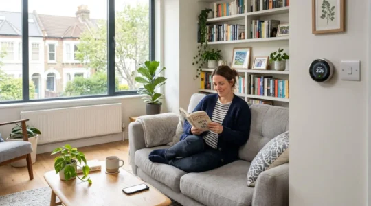 A person relaxes in a contemporary British living room bathed in natural daylight, with a smart thermostat visible on the wall beside a window