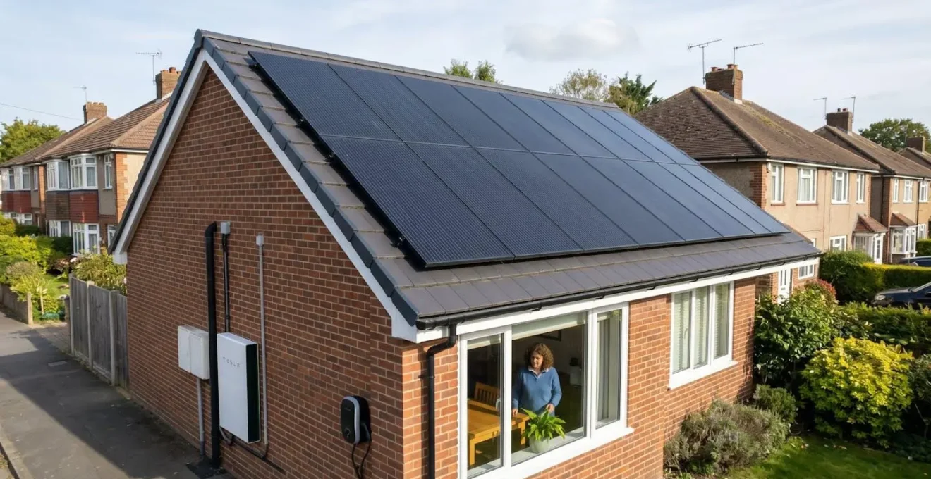 Residential solar photovoltaic panels installed on a typical British semi-detached house roof with a battery storage unit visible on the exterior wall