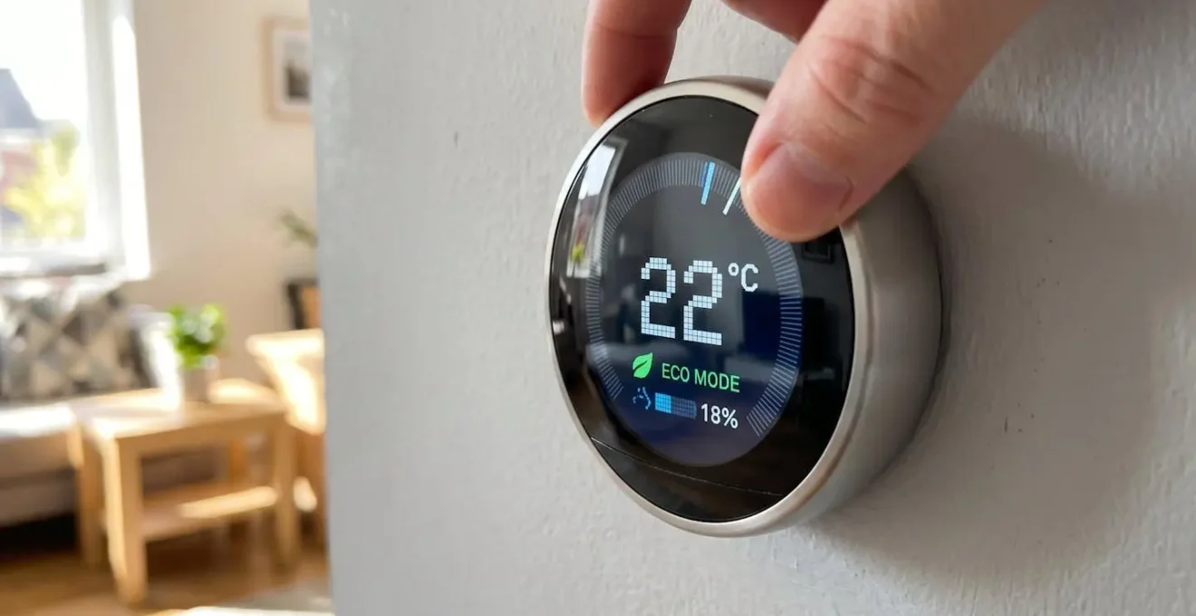 Close-up of a smart thermostat mounted on a living room wall displaying energy savings data and temperature scheduling interface in a real British home